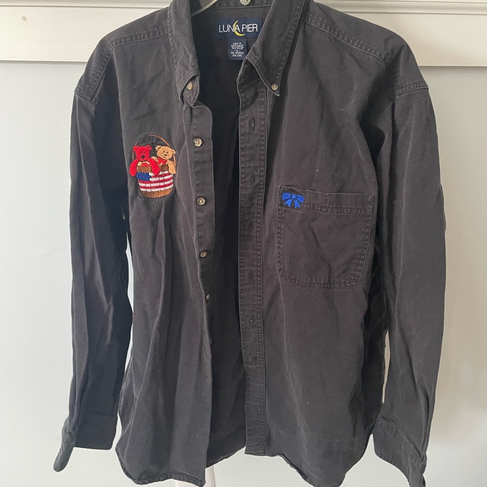 Luna Pier Black Button Down Shirt with Embroidered Details